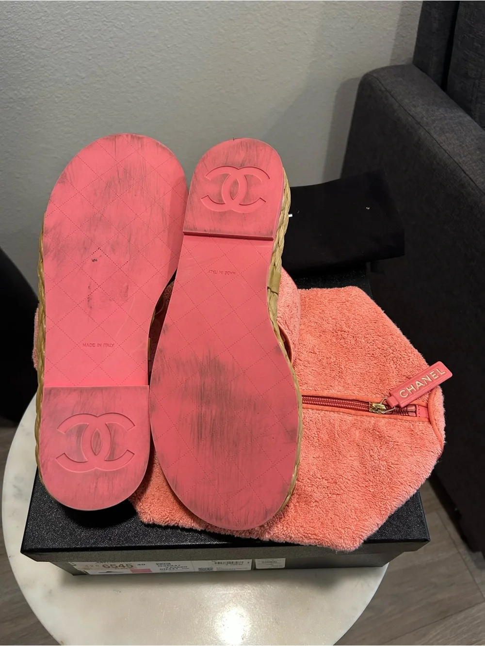 CHANEL Kids Coral Pink Terrycloth Espadrille Thong Sandals